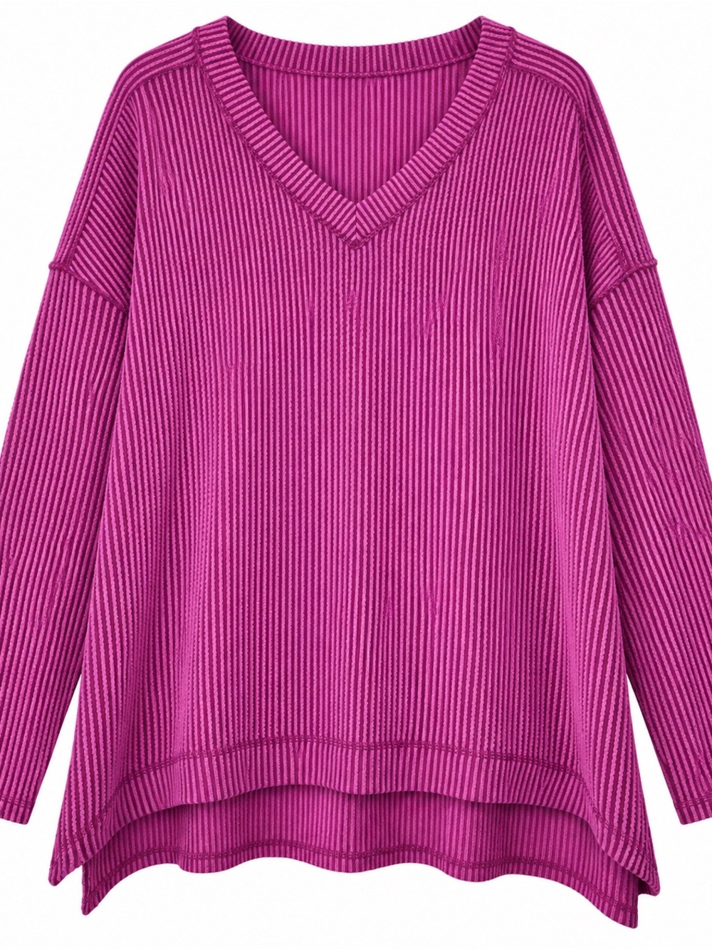 Women's Magenta V-Neck Ribbed Sweater Zenana Fuchsia Ribbed V-Neck High-Low Top